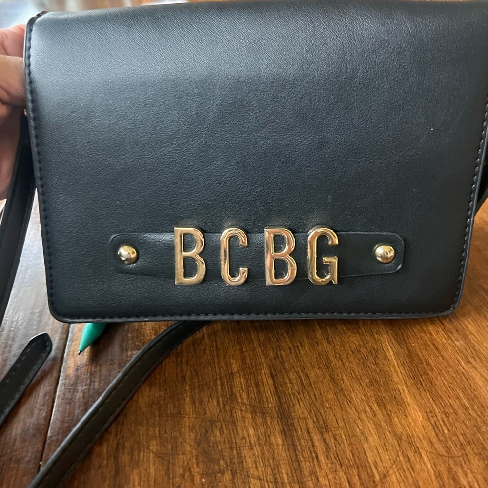 BCBG Black Leather Crossbody Bag with Gold Accents